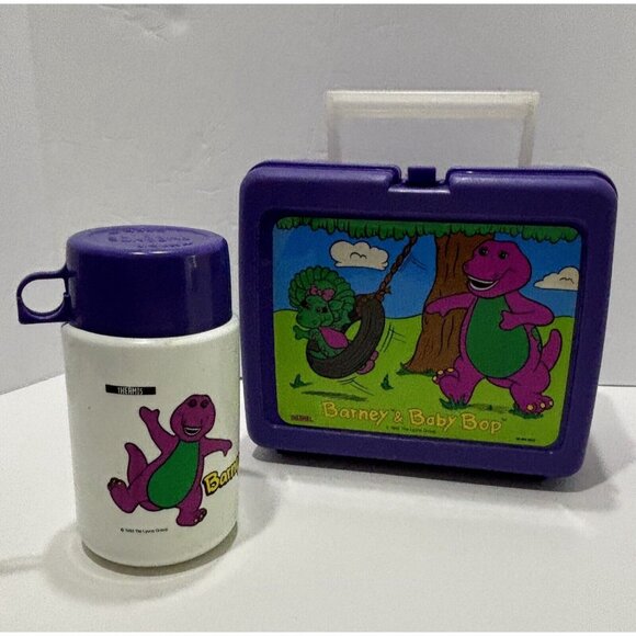 Vintage Barney & Baby Bop 1992 Lunch Box Thermos 4 Piece Lyons Group Plastic - Picture 2 of 16